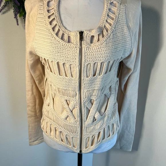 Chicos,1,(US M) Long sleeve front zip open embroidered linen /viscose cardigan - Picture 1 of 8